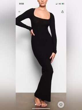 SKIMS NWT soft lounge rib long-Sleeve Square Neck dress size xxs color onyx blk